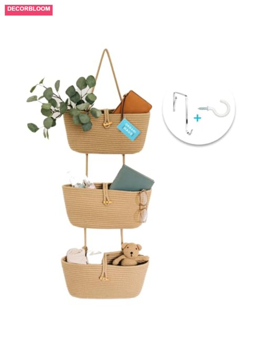 Over the Door Organizer Woven Rope Hanging Baskets 3-Tier Cotton Storage